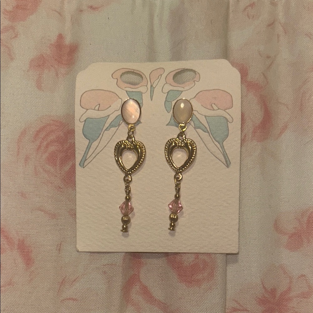 Elegant Gold and Pink Heart Drop Earrings